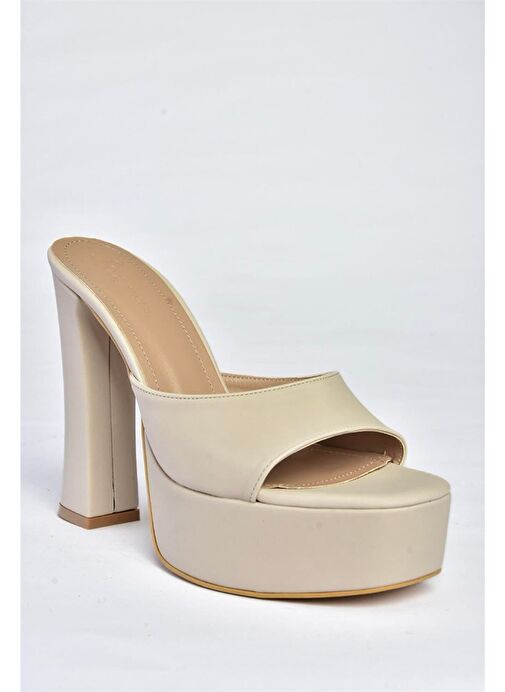 P404560604 Bej Kumaş Platform Topuklu Kadın Terlik - Görsel 6