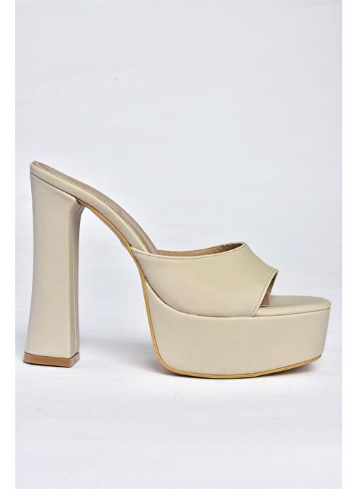 P404560604 Bej Kumaş Platform Topuklu Kadın Terlik - Görsel 7