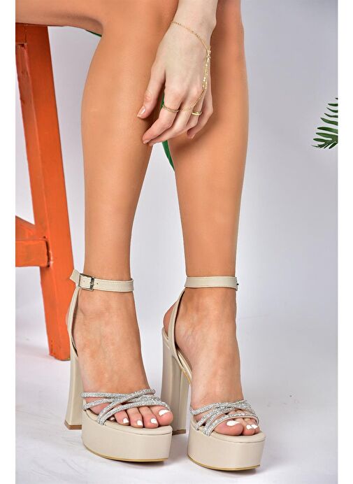P404560404 Bej Kumaş Platform Topuklu Kadın Abiye Ayakkabı - Görsel 3