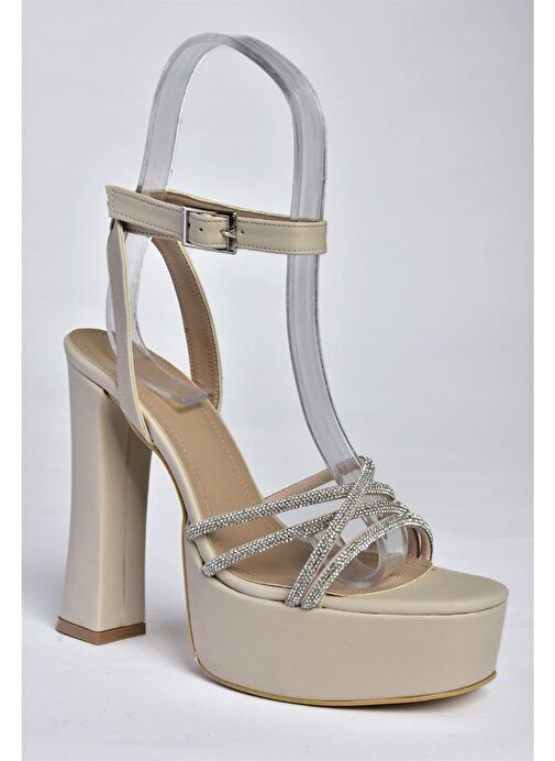 P404560404 Bej Kumaş Platform Topuklu Kadın Abiye Ayakkabı - Görsel 6