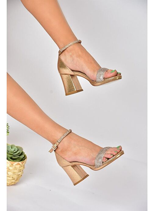 M348271114 Bronz Sim Kalın Topuklu Kadın Abiye Ayakkabı - Görsel 4