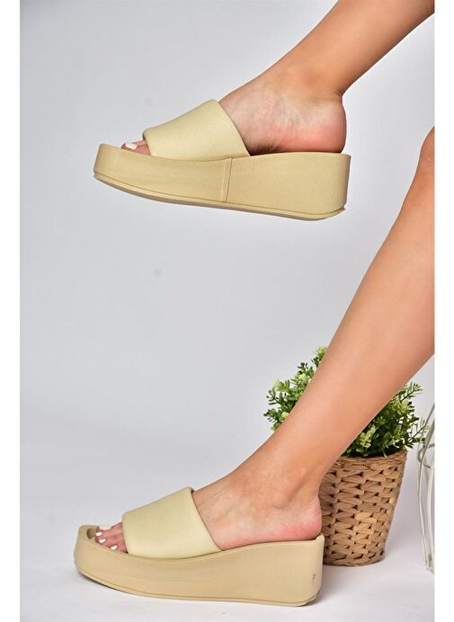 P267085804 Bej Kumaş Kalın Tabanlı Kadın Terlik - Görsel 3