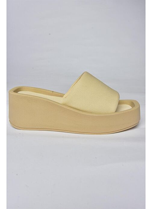P267085804 Bej Kumaş Kalın Tabanlı Kadın Terlik - Görsel 6