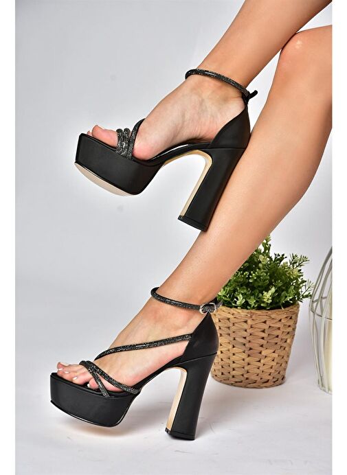 M246053504 Siyah Kumaş Taşlı Platform Topuklu Kadın Abiye Ayakkabı - Görsel 3