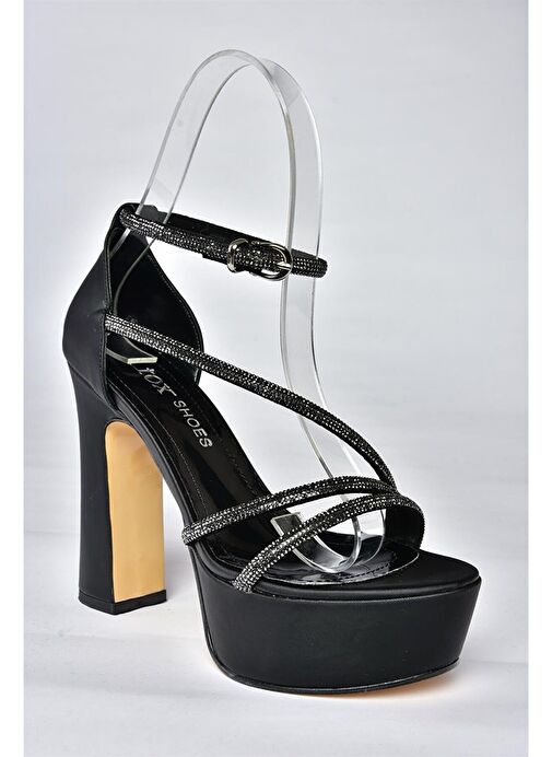 M246053504 Siyah Kumaş Taşlı Platform Topuklu Kadın Abiye Ayakkabı - Görsel 6