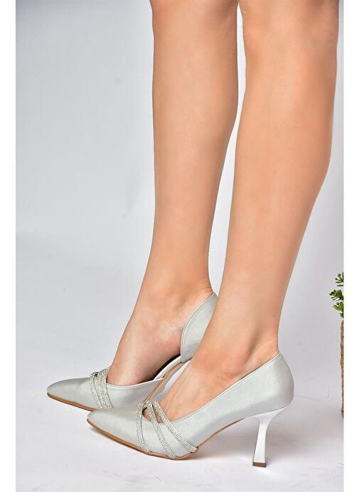 P246068504 Gümüş Kumaş İnce Topuklu Kadın Abiye Ayakkabı - Görsel 3