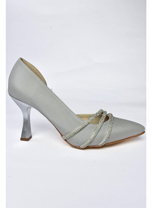 P246068504 Gümüş Kumaş İnce Topuklu Kadın Abiye Ayakkabı - Görsel 7