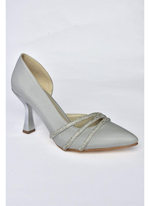 P246068504 Gümüş Kumaş İnce Topuklu Kadın Abiye Ayakkabı - Görsel 8