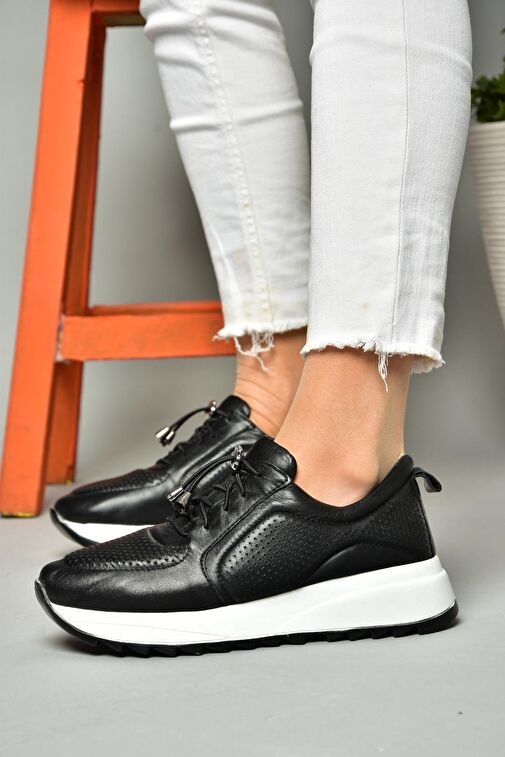 P540009203 Siyah Hakiki Deri Spor Ayakkabı Sneakers - Görsel 2