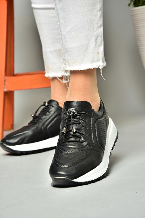 P540009203 Siyah Hakiki Deri Spor Ayakkabı Sneakers - Görsel 3
