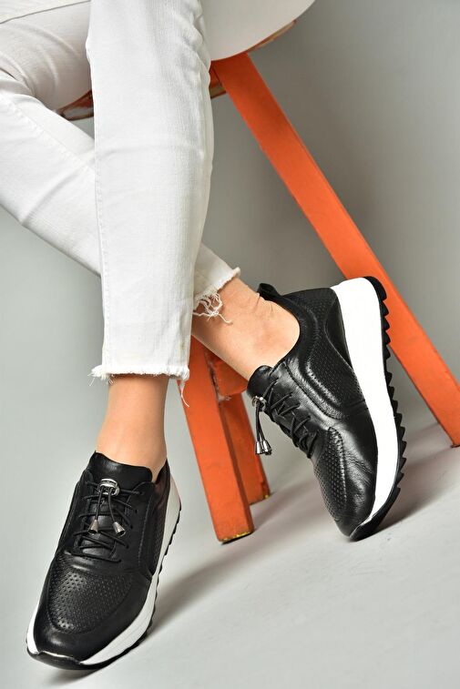 P540009203 Siyah Hakiki Deri Spor Ayakkabı Sneakers - Görsel 5