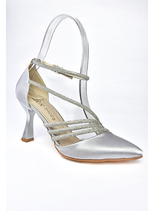 P246065804 Gümüş Saten Kumaş İnce Topuklu Kadın Abiye Ayakkabı - Görsel 6