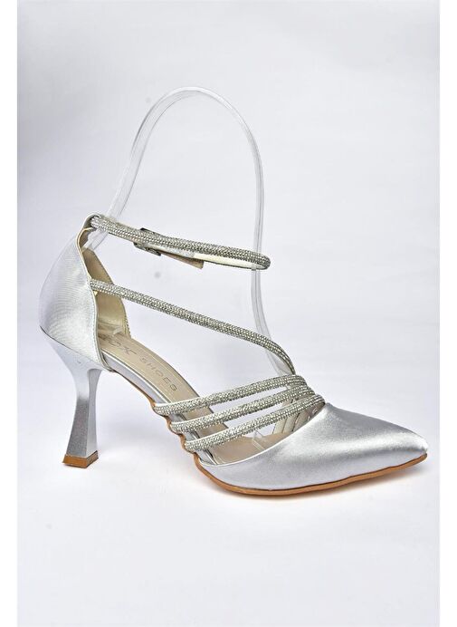 P246065804 Gümüş Saten Kumaş İnce Topuklu Kadın Abiye Ayakkabı - Görsel 7