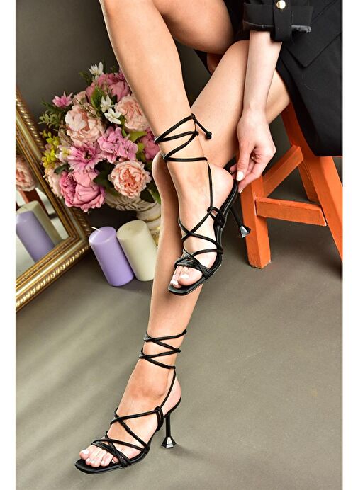 P404130509 Siyah İnce Topuklu Bilekten Bağlamalı Kadın Ayakkabı - Görsel 6