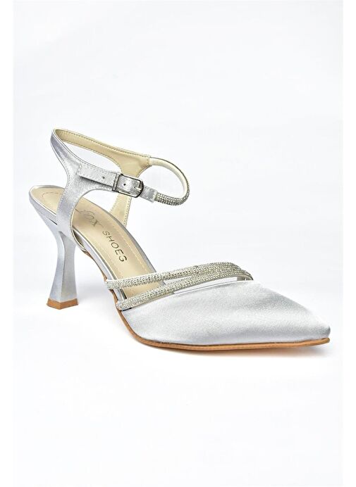 P246065404 Gümüş Saten Kumaş İnce Topuklu Kadın Abiye Ayakkabı - Görsel 5
