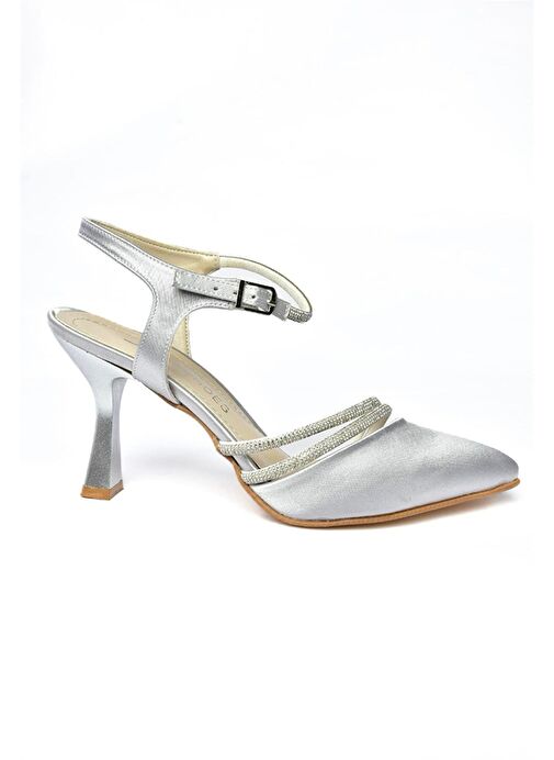 P246065404 Gümüş Saten Kumaş İnce Topuklu Kadın Abiye Ayakkabı - Görsel 6