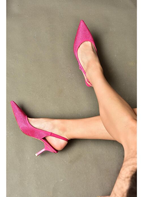 P820262004 Fuşya Kumaş Taşlı İnce Topuklu Kadın Abiye Ayakkabı - Görsel 3
