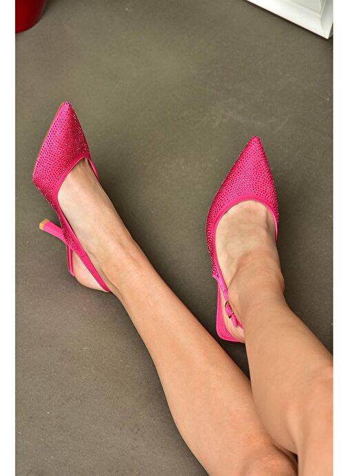 P820262004 Fuşya Kumaş Taşlı İnce Topuklu Kadın Abiye Ayakkabı - Görsel 4