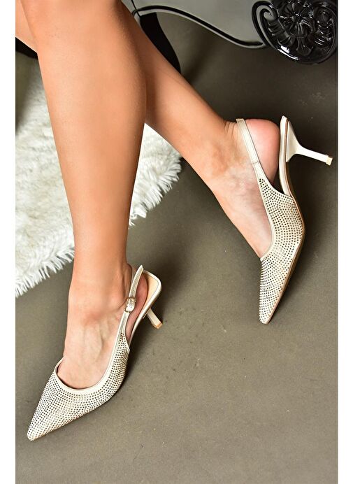 P820262004 Bej Kumaş Taşlı İnce Topuklu Kadın Abiye Ayakkabı - Görsel 3