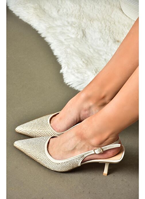 P820262004 Bej Kumaş Taşlı İnce Topuklu Kadın Abiye Ayakkabı - Görsel 4