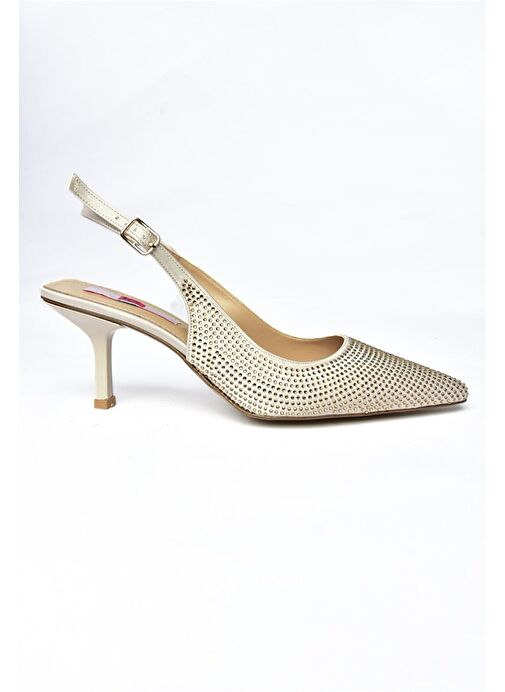 P820262004 Bej Kumaş Taşlı İnce Topuklu Kadın Abiye Ayakkabı - Görsel 8