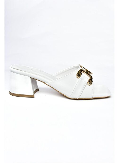 P590131409 Beyaz Tokalı Kalın Topuklu Kadın Terlik - Görsel 5