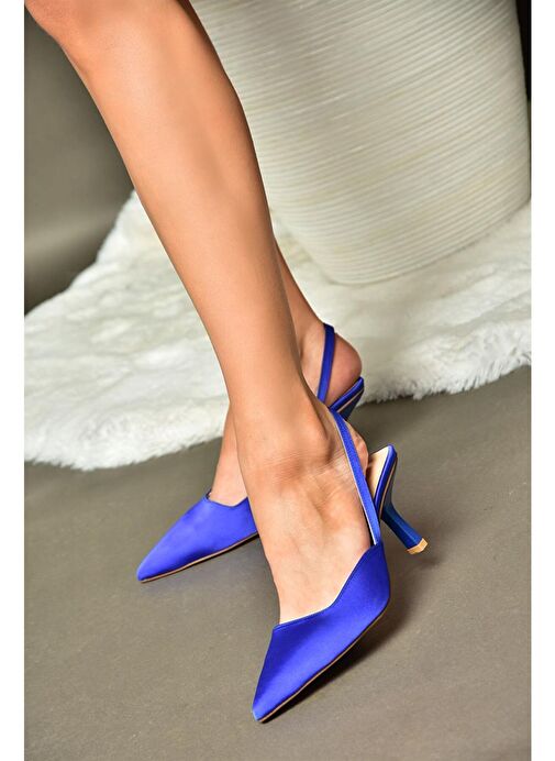 P820060504 Saks Mavi Saten Kumaş İnce Topuklu Kadın Ayakkabı - Görsel 3