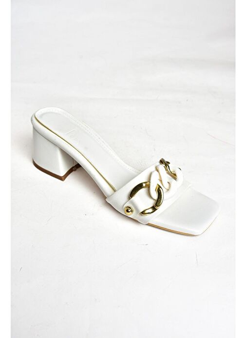 P590550509 Beyaz Kalın Topuklu Kadın Terlik - Görsel 6
