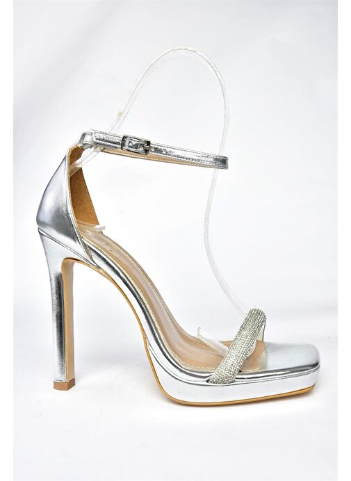 P569112304 Gümüş Metalik Tek Bant Taşlı Abiye Ayakkabı - Görsel 8