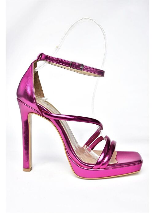 P569012459 Fuşya Metalik Yüksek Topuklu Kadın Abiye Ayakkabı - Görsel 6