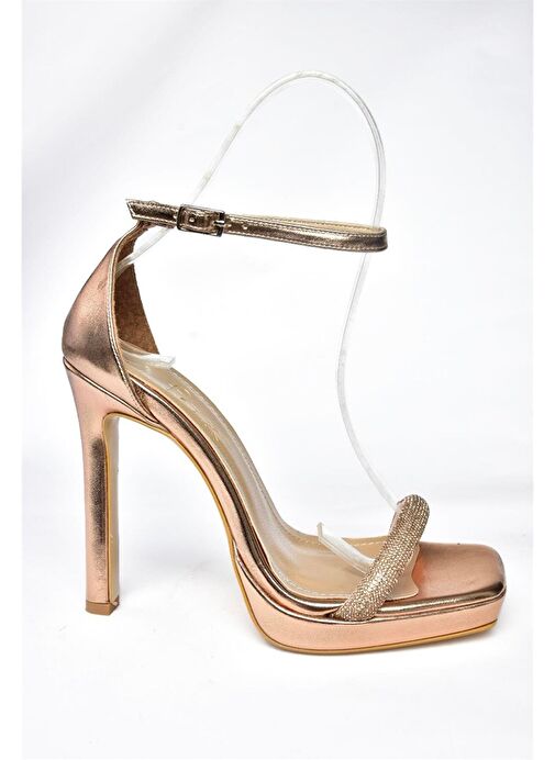 P569112359 Bronz Metalik Kumaş Tek Bant Taşlı Abiye Ayakkabı - Görsel 8