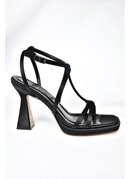 P569213304 Siyah Saten Kumaş Kalın Topuklu Kadın Abiye Ayakkabı - Görsel 6