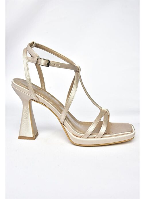 P569213304 Bej Saten Kumaş Kalın Topuklu Kadın Abiye Ayakkabı - Görsel 6