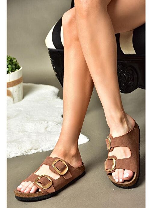 P777517402 Taba Süet Çift Bantlı Kadın Terlik - Görsel 2