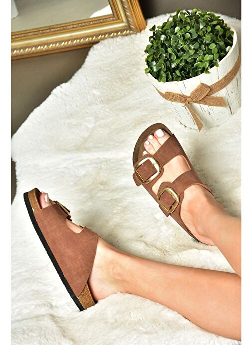 P777517402 Taba Süet Çift Bantlı Kadın Terlik - Görsel 5