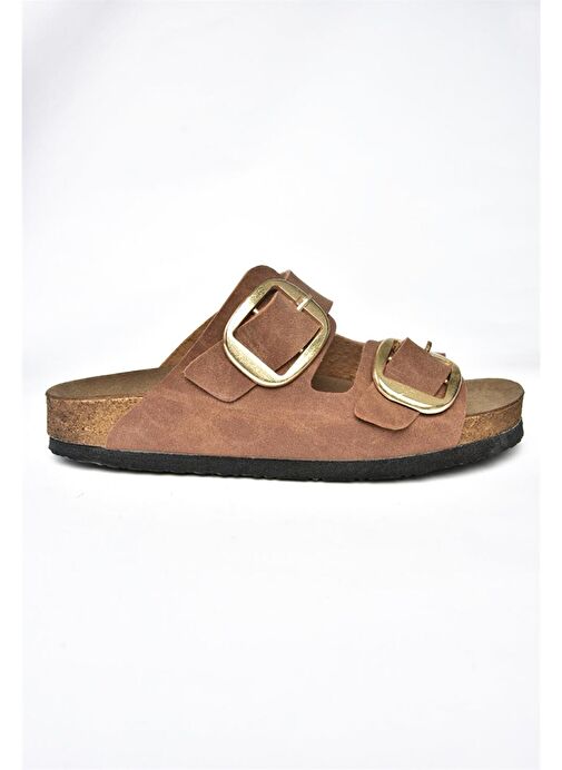 P777517402 Taba Süet Çift Bantlı Kadın Terlik - Görsel 6