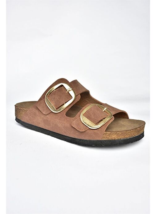 P777517402 Taba Süet Çift Bantlı Kadın Terlik - Görsel 7