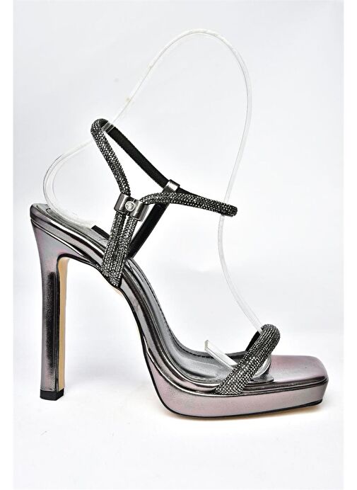 P569114059 Platin Metalik Tek Bant Yüksek Topuklu Kadın Abiye Ayakkabı - Görsel 6