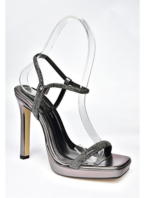 P569114059 Platin Metalik Tek Bant Yüksek Topuklu Kadın Abiye Ayakkabı - Görsel 7