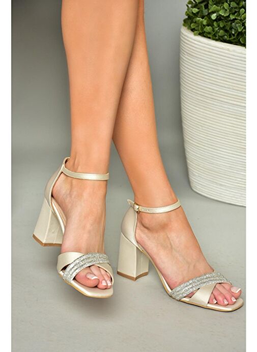 P820006704 Ten Kumaş Kalın Topuklu Kadın Abiye Ayakkabı - Görsel 3