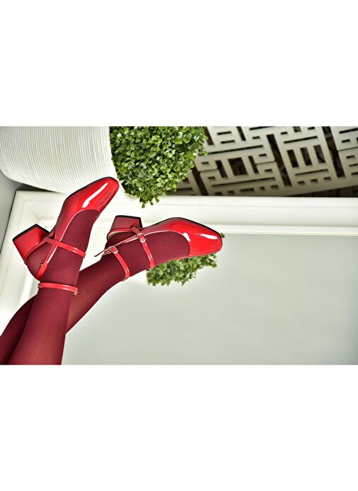 P654137008 Kırmızı Mary Jane Rugan Alçak Topuklu Kadın Ayakkabı Maryjane - Görsel 6