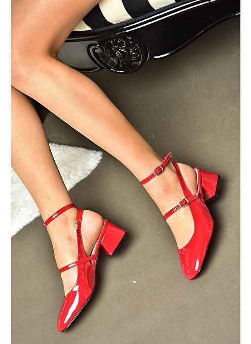 P654137008 Kırmızı Mary Jane Rugan Alçak Topuklu Kadın Ayakkabı Maryjane - Görsel 7