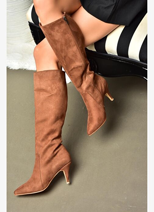 R372453002 Taba Süet İnce Topuklu Kadın Çizme - Görsel 2