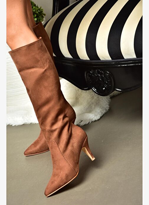 R372453002 Taba Süet İnce Topuklu Kadın Çizme - Görsel 4
