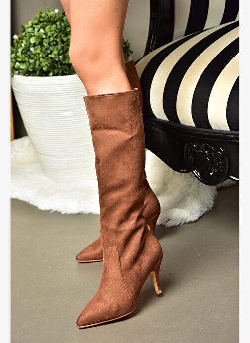 R372453002 Taba Süet İnce Topuklu Kadın Çizme - Görsel 5