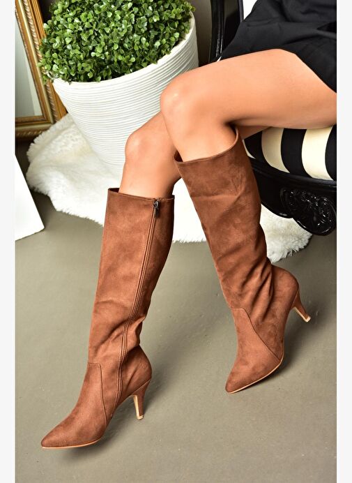 R372453002 Taba Süet İnce Topuklu Kadın Çizme - Görsel 3