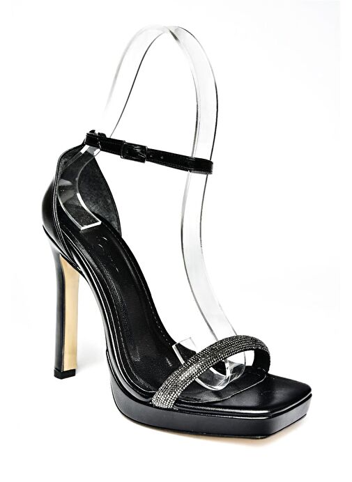 P569112359 Siyah Metalik Kumaş Tek Bant Taşlı Abiye Ayakkabı - Görsel 8