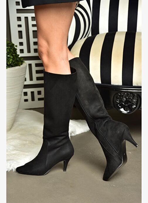 R372453002 Siyah Süet İnce Topuklu Kadın Çizme - Görsel 6