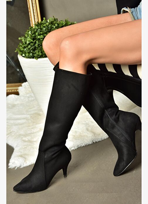 R372453002 Siyah Süet İnce Topuklu Kadın Çizme - Görsel 4