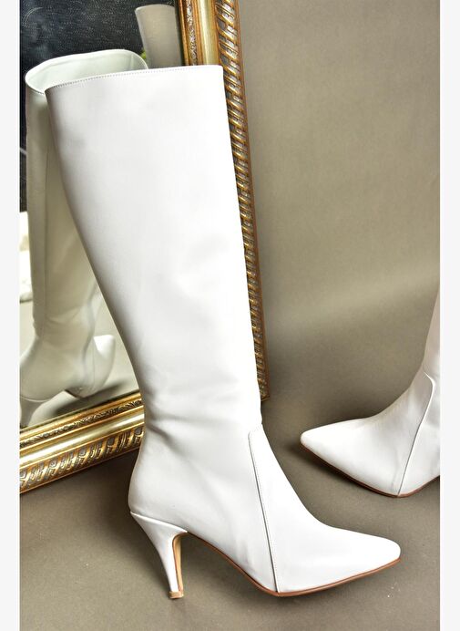 R372453009 Beyaz İnce Topuklu Kadın Çizme - Görsel 5